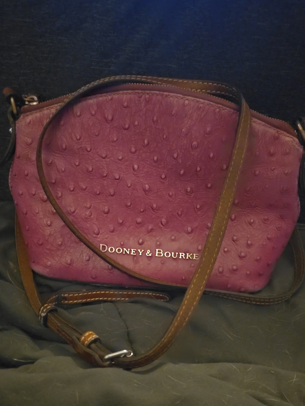 Dooney & Bourke Plum Ostrich-Embossed Crossbody Bag with Brown Strap